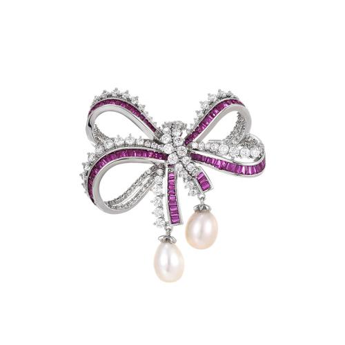 Fashion Brooch Jewelry, Brass, with Freshwater Pearl, plated, micro pave cubic zirconia & for woman, silver color, 47x45mm, Sold By PC