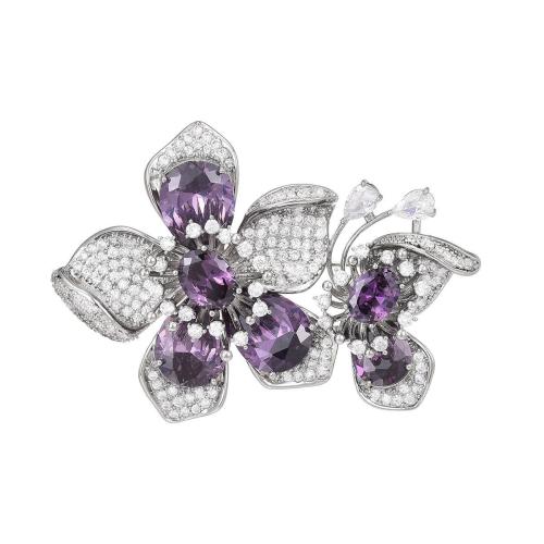 Broche bijoux de mode, laiton, Placage, pavé de micro zircon & pour femme, argent, 39x55mm, Vendu par PC