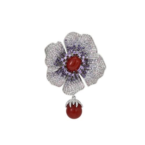 Fashion Brooch Jewelry, Brass, with Carnelian, plated, micro pave cubic zirconia & for woman, silver color, 55x38mm, Sold By PC