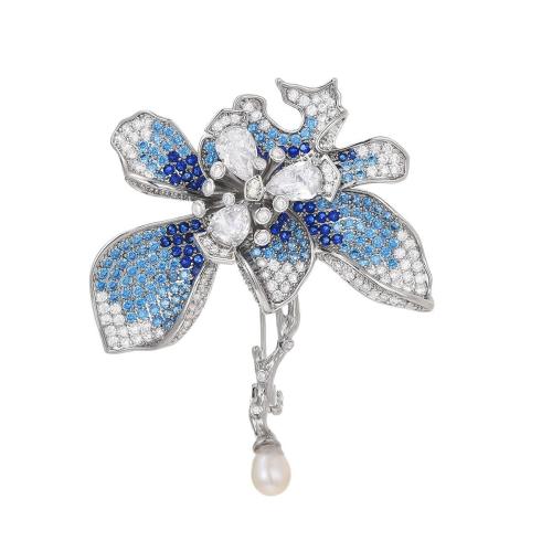 Cubic Zirconia Brooch, Brass, with Shell Pearl, plated, micro pave cubic zirconia & for woman, silver color, 55x45mm, Sold By PC