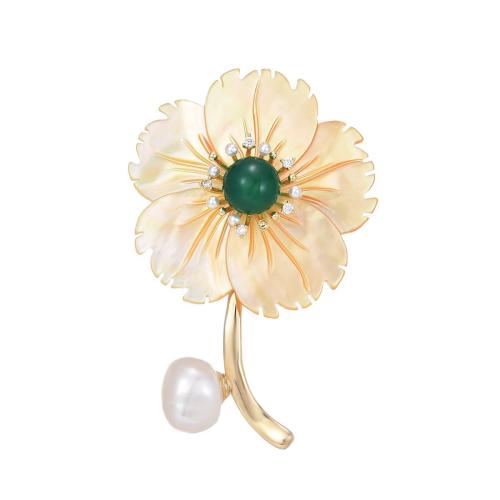 Cubic Zirconia Brooch, Brass, with Shell & Freshwater Pearl, micro pave cubic zirconia & for woman, golden, 54x36mm, Sold By PC