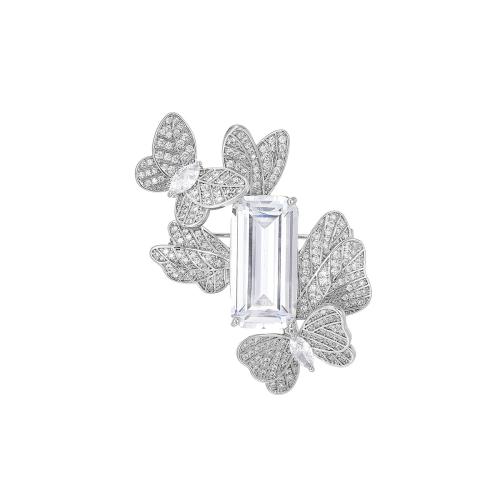 Broche zircon, laiton, Placage, pavé de micro zircon & pour femme, argent, 49x35mm, Vendu par PC