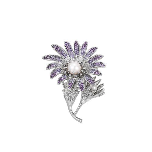 Cubic Zirconia Brooch, Brass, with Freshwater Pearl, plated, micro pave cubic zirconia & for woman, silver color, 55x38mm, Sold By PC