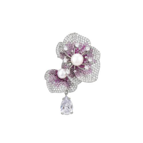 Cubic Zirconia Brooch, Brass, with Freshwater Pearl, plated, micro pave cubic zirconia & for woman, silver color, 50x32mm, Sold By PC