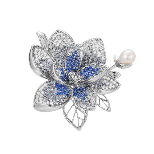 Cubic Zirconia Brooch, Brass, with Freshwater Pearl, plated, micro pave cubic zirconia & for woman, silver color, 40x42mm, Sold By PC