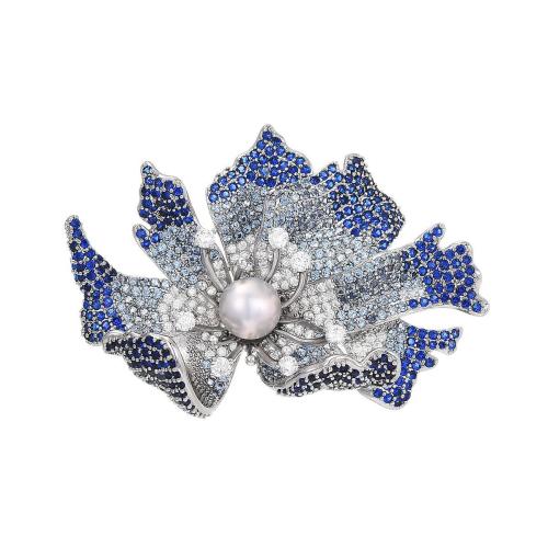 Cubic Zirconia Brooch, Brass, with Shell Pearl, plated, micro pave cubic zirconia & for woman, silver color, 36x52mm, Sold By PC