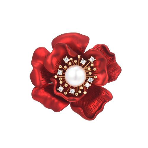 Cubic Zirconia Brooch, Brass, with Shell Pearl, plated, micro pave cubic zirconia & for woman, red, 42x42mm, Sold By PC