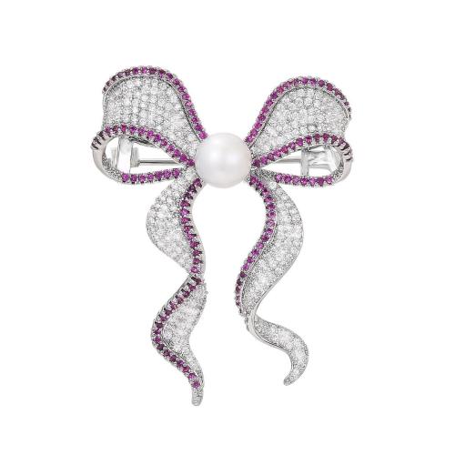 Cubic Zirconia Brooch, Brass, with Shell Pearl, plated, micro pave cubic zirconia & for woman, silver color, 47x37mm, Sold By PC