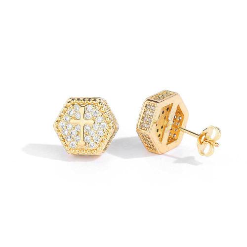 Copper Stud Earring, Hexagon, plated, with cross pattern & Unisex & micro pave cubic zirconia, more colors for choice, 12x12mm, Sold By Pair