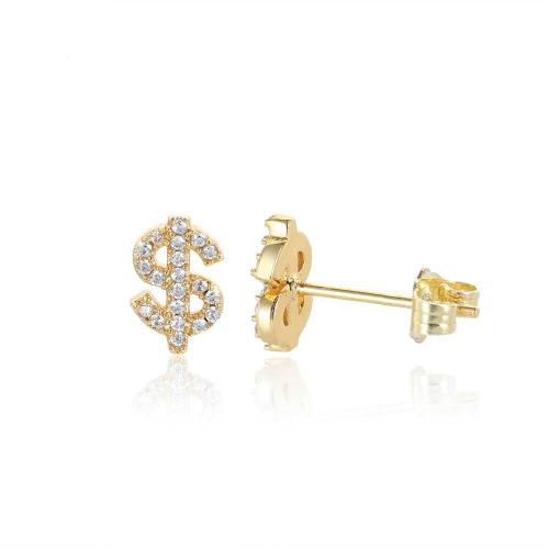 Copper Stud Earring, Dollar Sign, plated, Unisex & micro pave cubic zirconia, more colors for choice, 5.50x8.70mm, Sold By Pair