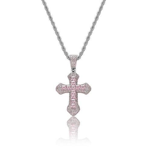 Cuivre collier, croix, Placage, chaîne Français corde de Français & unisexe & pavé de micro zircon, plus de couleurs à choisir, Longueur:Environ 24 pouce, Vendu par PC