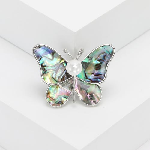 Tibetan Style Brooches, with Abalone Shell & Plastic Pearl, Butterfly, silver color plated, for woman & with rhinestone, nickel, lead & cadmium free, Sold By PC