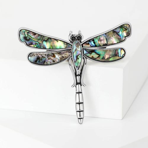 Tibetan Style Brooches, with Abalone Shell, Dragonfly, silver color plated, for woman & with rhinestone, nickel, lead & cadmium free, Sold By PC