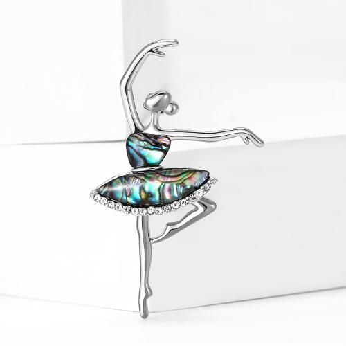 Tibetan Style Brooches, with Abalone Shell, Dancing Girl, silver color plated, for woman & with rhinestone, nickel, lead & cadmium free, Sold By PC