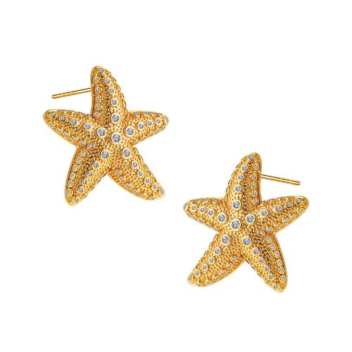 Brass Stud Earring, Starfish, 18K gold plated, fashion jewelry & for woman & with rhinestone, Sold By Pair