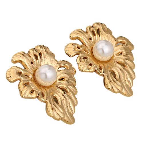 Stainless Steel Stud Earrings, 304 Stainless Steel, with Plastic Pearl, Flower, plated, fashion jewelry & for woman & hollow, more colors for choice, Sold By Pair