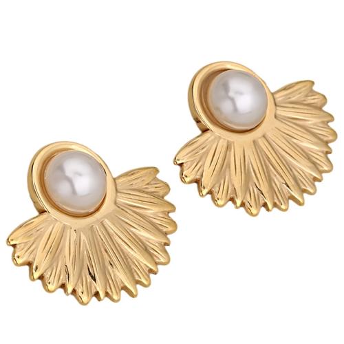 Stainless Steel Stud Earrings, 304 Stainless Steel, with Plastic Pearl, Fan, plated, fashion jewelry & for woman, more colors for choice, Sold By Pair