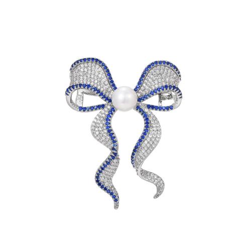 Brass Brooch, with Shell Pearl, plated, micro pave cubic zirconia & for woman, silver color, 48x37mm, Sold By PC