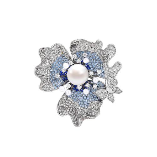 Brass Brooch, with Shell Pearl, plated, micro pave cubic zirconia & for woman, silver color, 41x41mm, Sold By PC