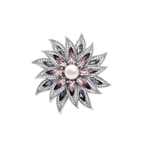 laiton broche, avec perle d'eau douce cultivée, Placage, pavé de micro zircon & pour femme, argent, 55x57mm, Vendu par PC