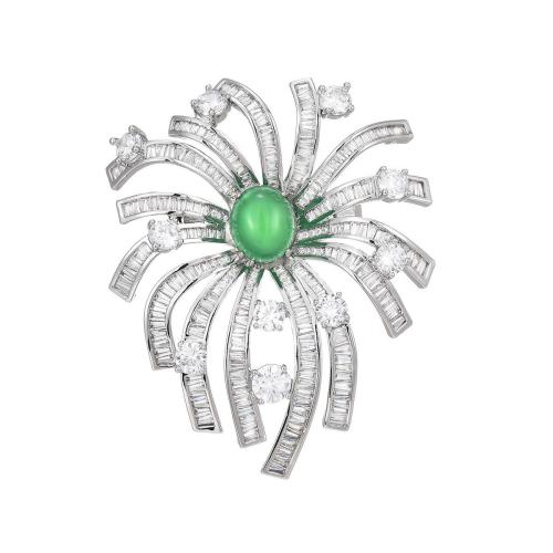 Brass Brooch, with Green Calcedony, plated, micro pave cubic zirconia & for woman, silver color, 62x50mm, Sold By PC