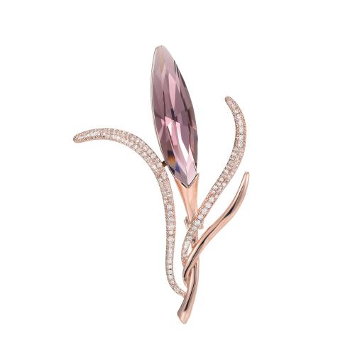 Brass Brooch, with Austrian Crystal, plated, micro pave cubic zirconia & for woman, rose gold color, 64x38mm, Sold By PC