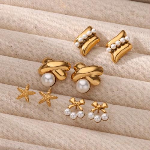 Stainless Steel Stud Earrings, 304 Stainless Steel, with Plastic Pearl, Vacuum Ion Plating, different styles for choice & for woman, more colors for choice, Sold By Pair