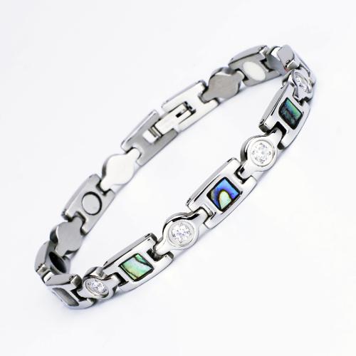 Titanium Steel Bracelet, with Black Magnetic Stone & Shell, plated, fashion jewelry & for woman & with rhinestone, more colors for choice, Length:Approx 7.6 Inch, Sold By PC