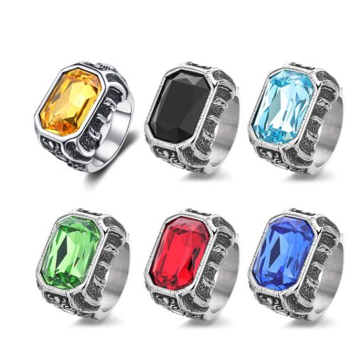 acero inoxidable 304 anillo, con Vidrio, Patrón Geométrico, diverso tamaño para la opción & para hombre & ennegrezca, más colores para la opción, tamaño:7-13, Vendido por UD