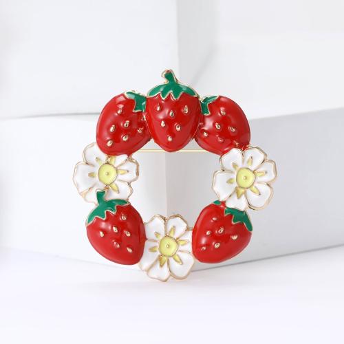 Tibetan Style Brooches, Strawberry, gold color plated, for woman & enamel, red, nickel, lead & cadmium free, Sold By PC