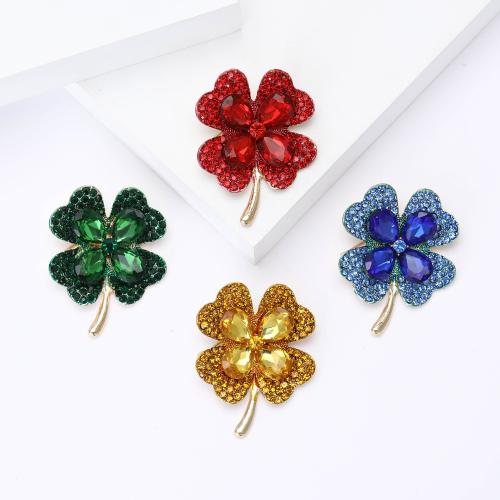 Tibetan Style Brooches, Four Leaf Clover, plated, for woman & with rhinestone, more colors for choice, nickel, lead & cadmium free, Sold By PC