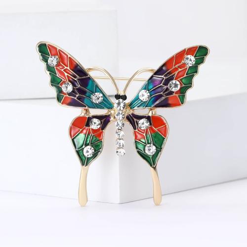 Tibetan Style Brooches, Butterfly, gold color plated, for woman & enamel & with rhinestone, multi-colored, nickel, lead & cadmium free, Sold By PC