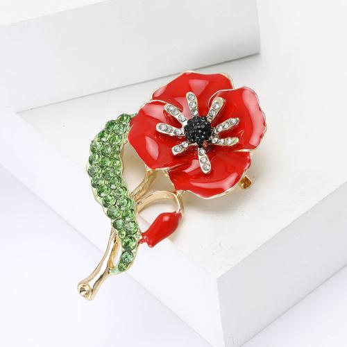 Tibetan Style Brooches, Flower, gold color plated, for woman & epoxy gel & with rhinestone, red, nickel, lead & cadmium free, Sold By PC