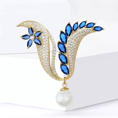 Broche Perle plastique, laiton, avec perle de plastique, fleur, Placage de couleur d'or, pour femme & avec strass, bleu, protéger l'environnement, sans nickel, plomb et cadmium, Vendu par PC