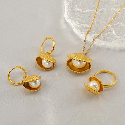 Conjuntos de joyería de acero inoxidable, acero inoxidable 304, con Perlas plásticas, Nácar, 18K chapado en oro, diferentes estilos para la opción & para mujer, Vendido por UD