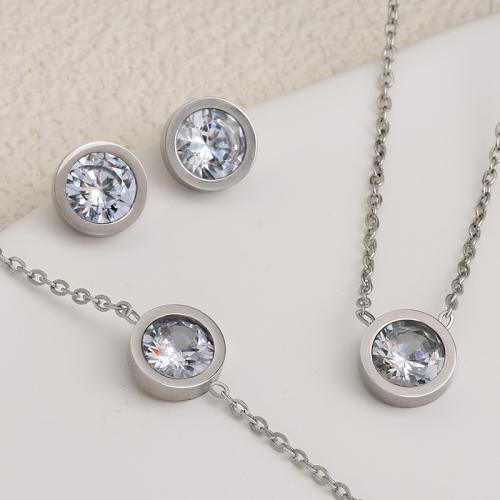 Rhinestone Stainless Steel Jewelry Set, Stud Earring & bracelet & necklace, 304 Stainless Steel, plated, three pieces & for woman & with rhinestone, more colors for choice, Sold By Set