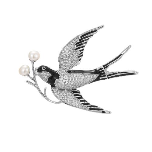 Brass Brooch, with Freshwater Pearl, micro pave cubic zirconia & for woman, silver color, 60x45mm, Sold By PC