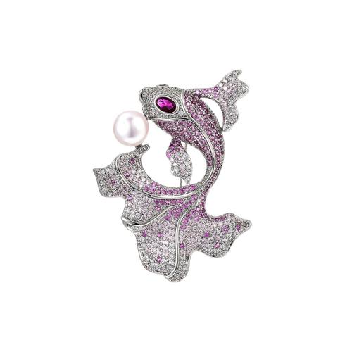 Brass Brooch, with Freshwater Pearl, plated, micro pave cubic zirconia & for woman, silver color, 44x57mm, Sold By PC