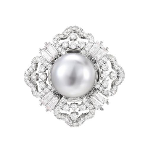 Brass Brooch, with Shell Pearl, plated, micro pave cubic zirconia & for woman, silver color, 21x21mm, Sold By PC