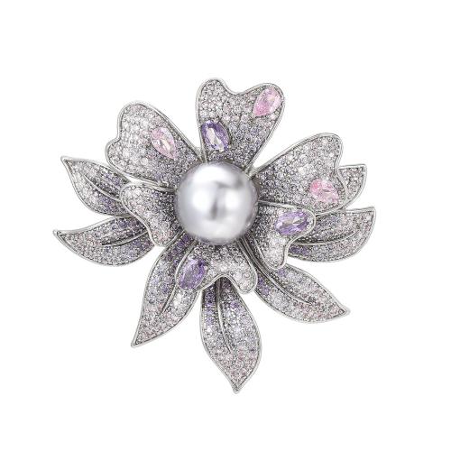 Brass Brooch, with Shell Pearl, plated, micro pave cubic zirconia & for woman, silver color, 43x45mm, Sold By PC