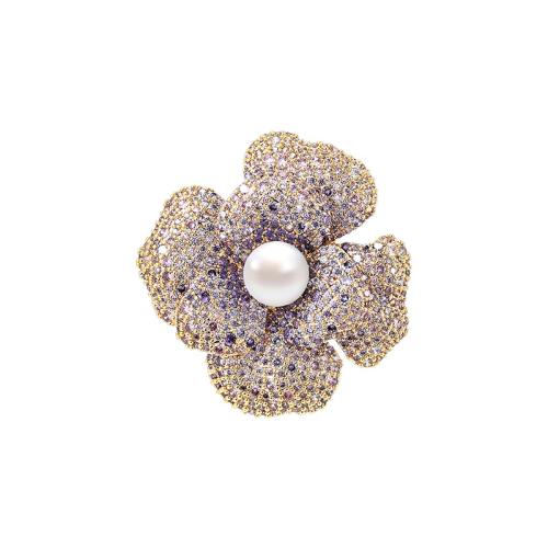 Brass Brooch, with Freshwater Pearl, micro pave cubic zirconia & for woman, golden, 42x44mm, Sold By PC