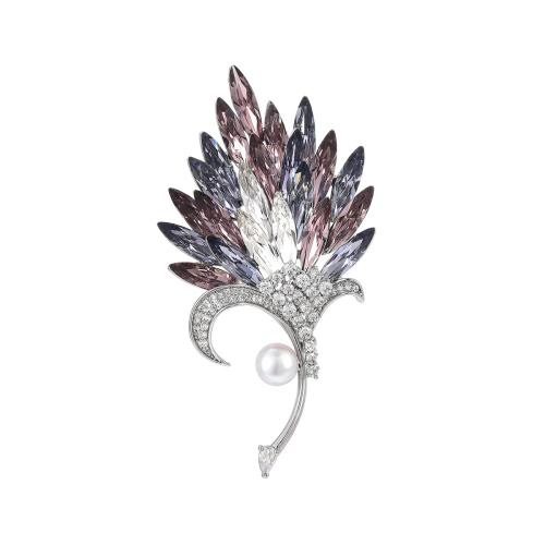 Crystal Brooch, Brass, with Austrian Crystal & Freshwater Pearl, plated, micro pave cubic zirconia & for woman, silver color, 73x38mm, Sold By PC