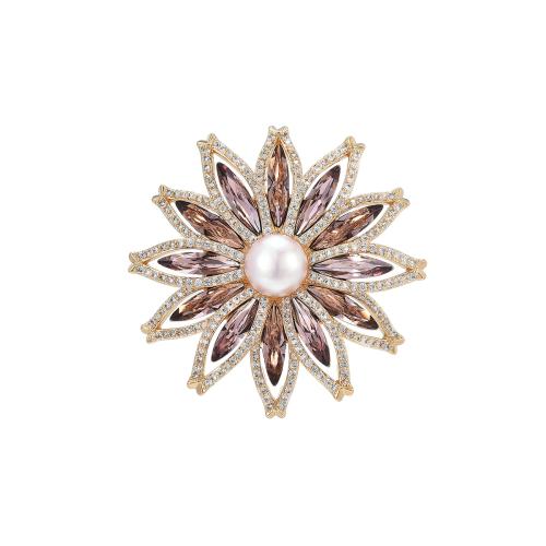 Crystal Brooch, Brass, with Shell Pearl & Austrian Crystal, plated, micro pave cubic zirconia & for woman, golden, 54x54mm, Sold By PC