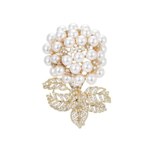 Brass Brooch, with Shell Pearl, plated, micro pave cubic zirconia & for woman, golden, 56x35mm, Sold By PC