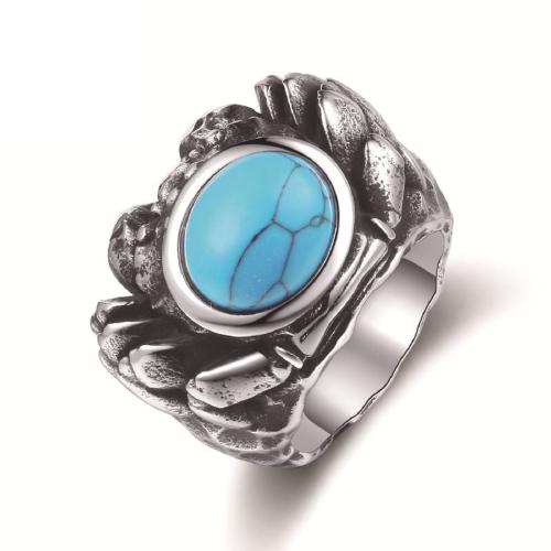 Acier inoxydable 304 bague, avec turquoise, crabe, normes différentes pour le choix & pour homme & noircir, couleur originale, Taille:7-12, Vendu par PC