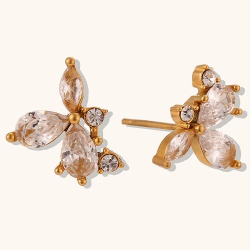 Stainless Steel Stud Earrings, 304 Stainless Steel, Flower, gold color plated, for woman & with rhinestone, Sold By Pair