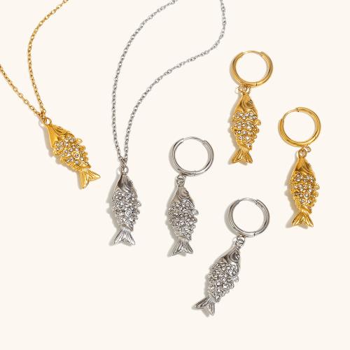 Ensemble bijoux strass en acier inoxydable, boucle d'oreille & collier, Acier inoxydable 304, poisson, Placage, styles différents pour le choix & pour femme & avec strass, plus de couleurs à choisir, Vendu par PC