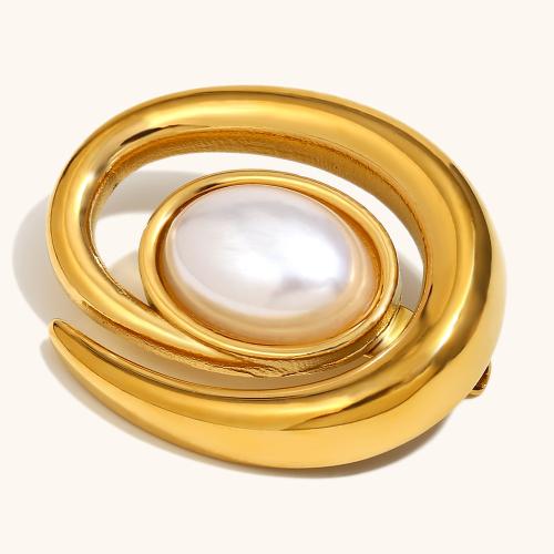 Broche bijoux de mode, Acier inoxydable 304, avec perle de plastique, Placage de couleur d'or, pour femme, Vendu par PC