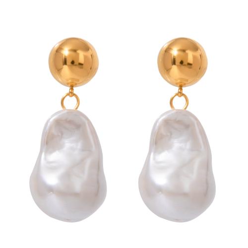 Stainless Steel Drop Earring, 304 Stainless Steel, with ABS Plastic Pearl, gold color plated, fashion jewelry, mixed colors, 15x35.10mm, Sold By Pair