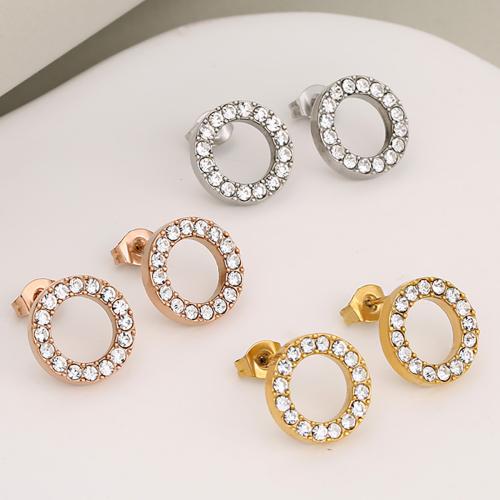 Stainless Steel Stud Earrings, 304 Stainless Steel, Round, plated, micro pave cubic zirconia & for woman & hollow, more colors for choice, Sold By Pair